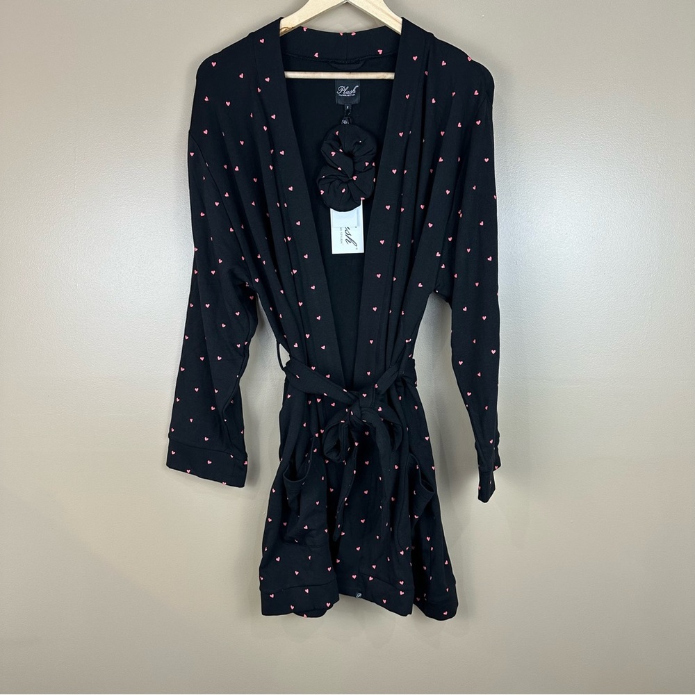 Plush Womens Black Pink Hearts Robe Hair Scrunchie Set Small Preppy